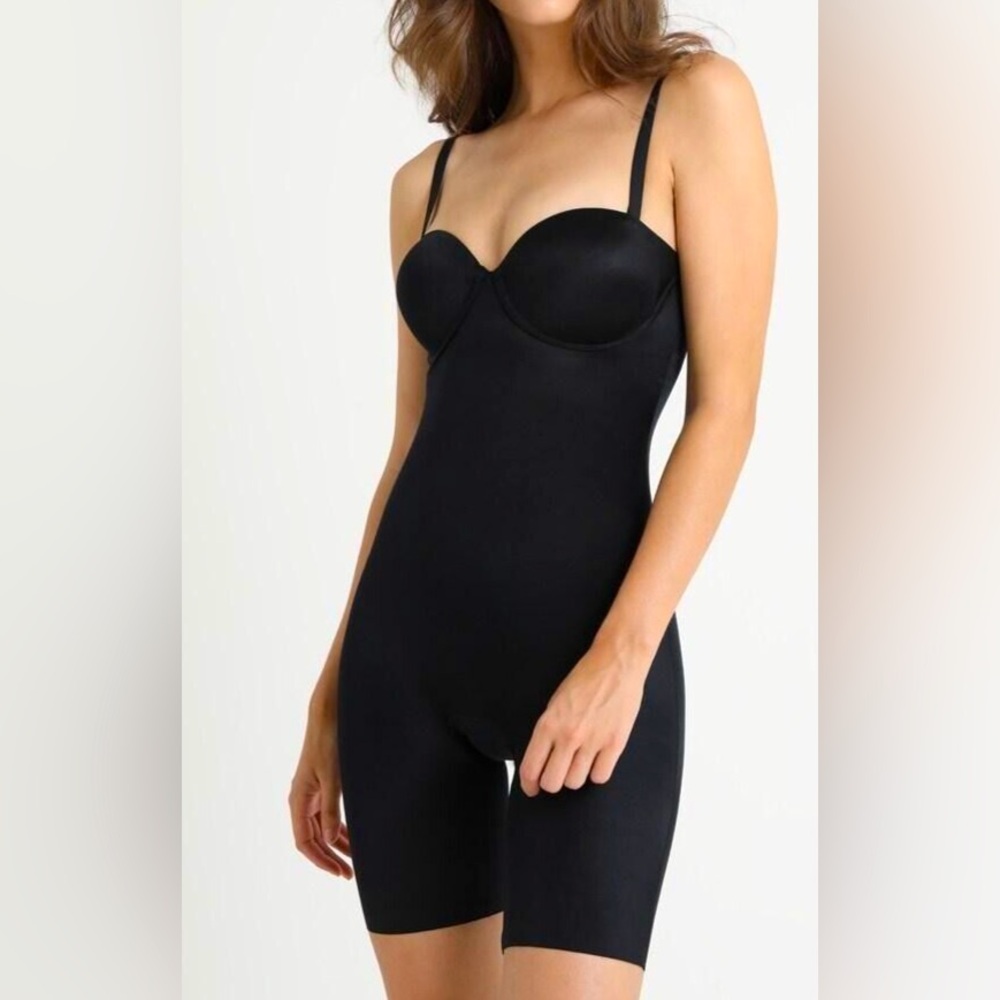 SPANX XL Suit Your Fancy black bodysuit midthigh strapless cup shapewear